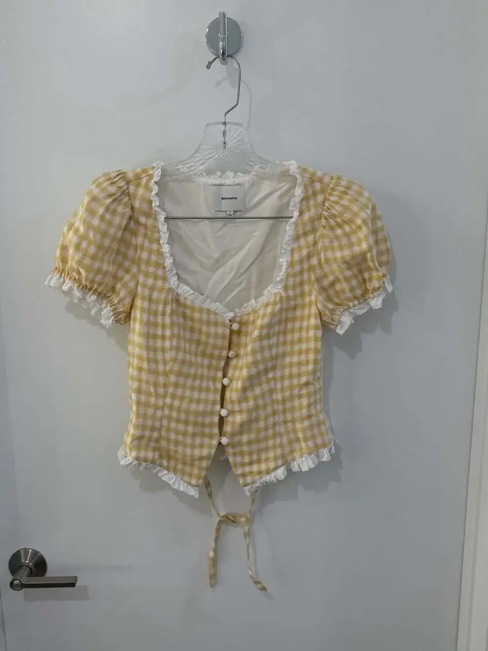 Reformation Rosemary Linen Top in Yellow Gingham